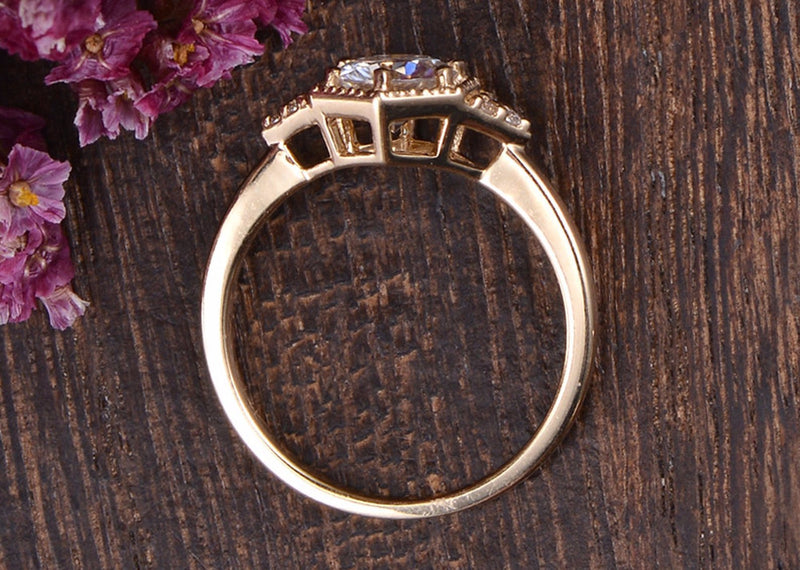Round Cut Moissanite Engagement Ring, Art Deco Trilogy Design, Choose Your Stone Size & Metal