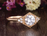 Round Cut Moissanite Engagement Ring, Art Deco Trilogy Design, Choose Your Stone Size & Metal