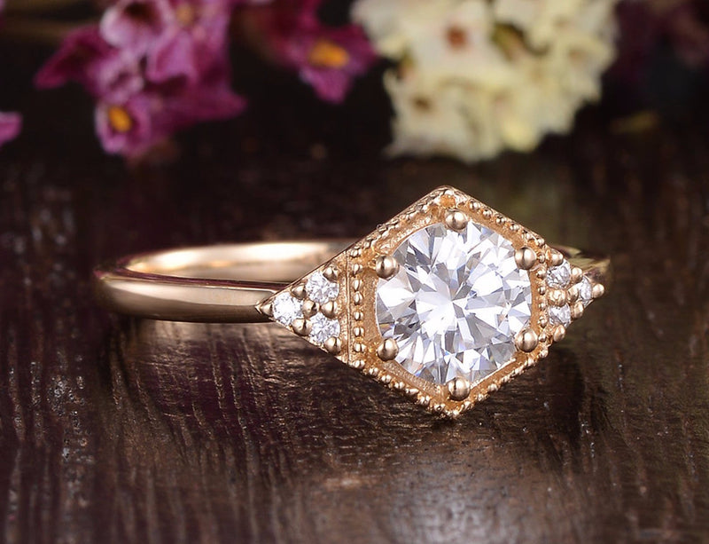 Round Cut Moissanite Engagement Ring, Art Deco Trilogy Design, Choose Your Stone Size & Metal