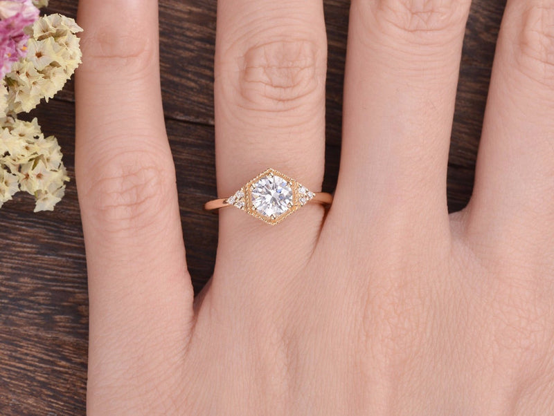 Round Cut Moissanite Engagement Ring, Art Deco Trilogy Design, Choose Your Stone Size & Metal