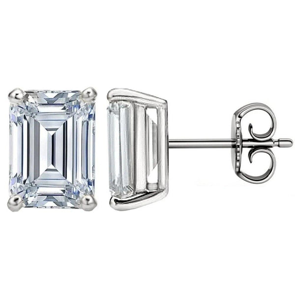 Classic Emerald Cut Diamond Stud Earrings, 925 Sterling Silver