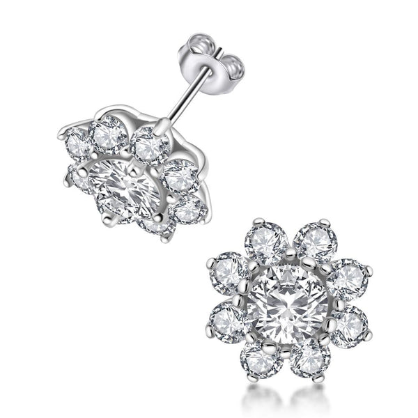 Daisy Cluster Diamond Stud Earrings, 925 Sterling Silver