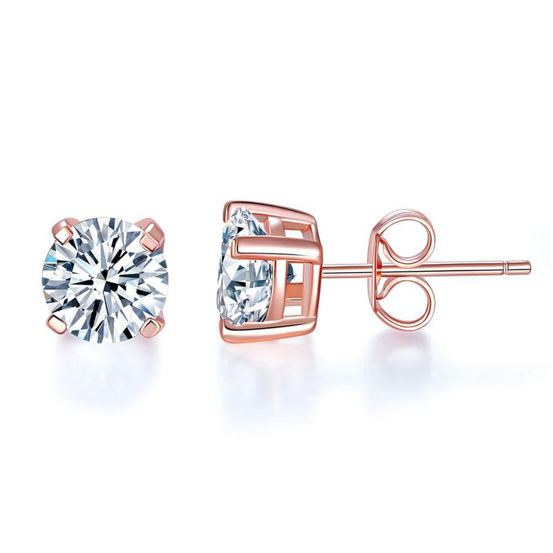 1.00ct each, Rose Gold, Classic Round Cut Diamond Stud Earrings, 925 Sterling Silver