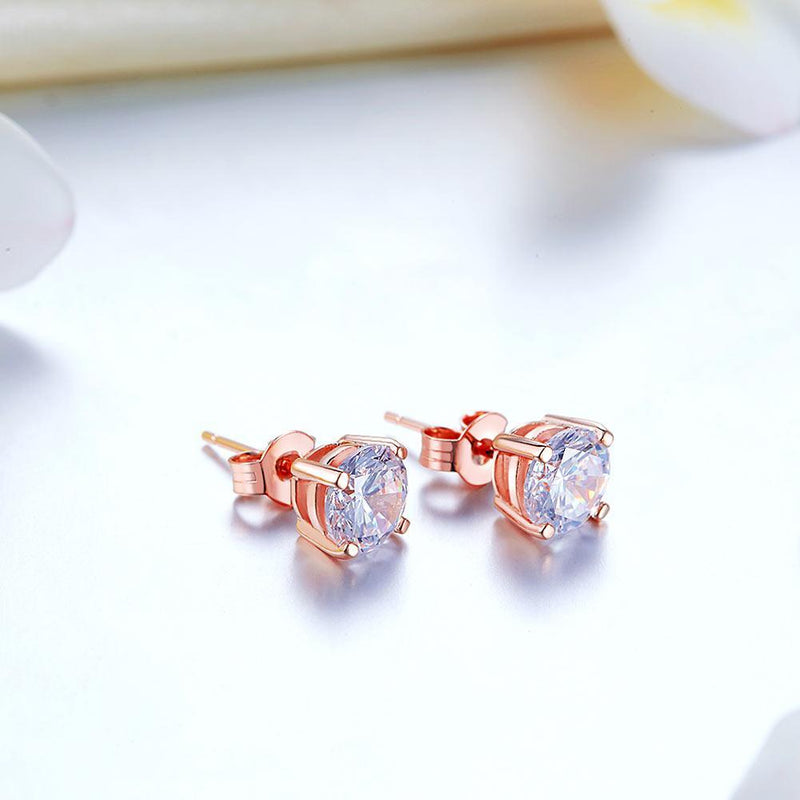 1.00ct each, Rose Gold, Classic Round Cut Diamond Stud Earrings, 925 Sterling Silver