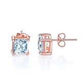 1.00ct each, Rose Gold, Classic Princess Cut Diamond Stud Earrings, 925 Sterling Silver