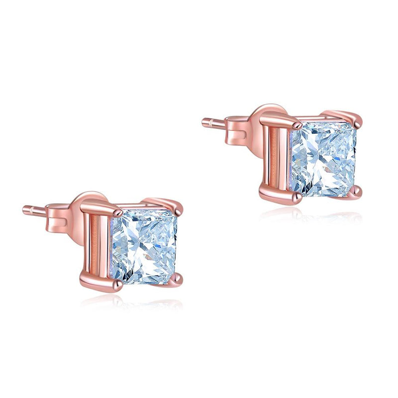1.00ct each, Rose Gold, Classic Princess Cut Diamond Stud Earrings, 925 Sterling Silver