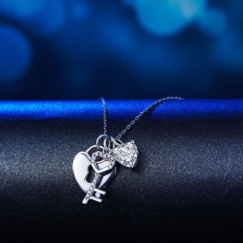 1.50ct Diamond Love Heart Lock & Key Pendant, Heart Diamond Necklace, 925 Silver
