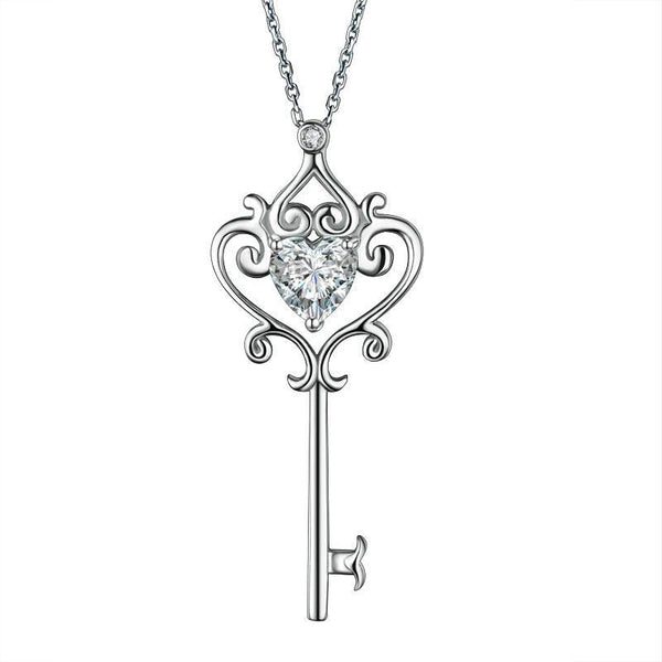 1.50ct Vintage Diamond Love Heart Key Pendant, Heart Diamond Necklace, 925 Silver