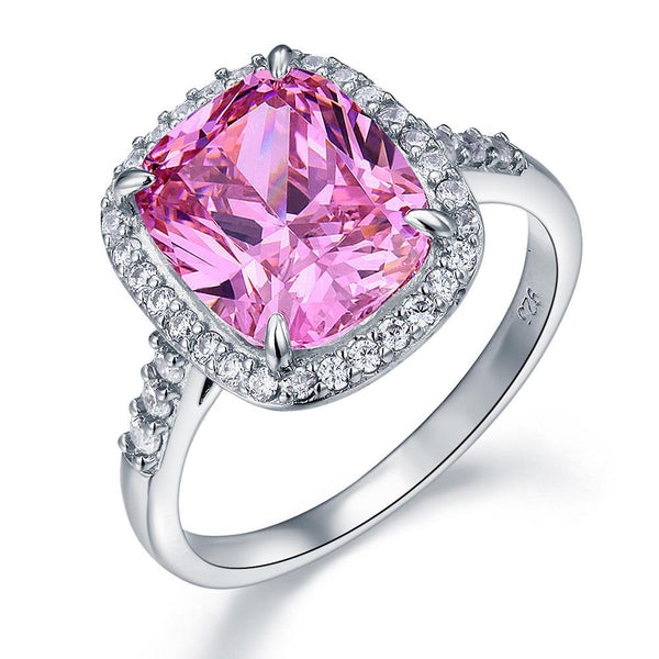 6.00ct Classic Cushion Cut Pink Diamond Halo Engagement Ring, Diamond Shoulders, 925 Silver