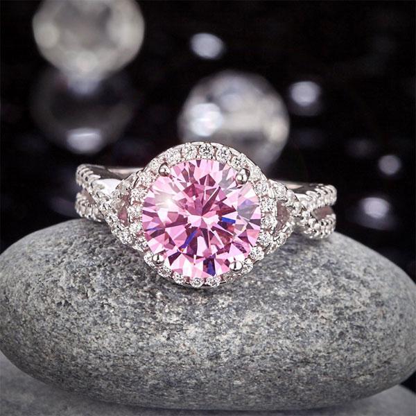 3.00ct Vivid Pink Diamond Engagement Ring, Round Brilliant Cut Twist, 925 Silver