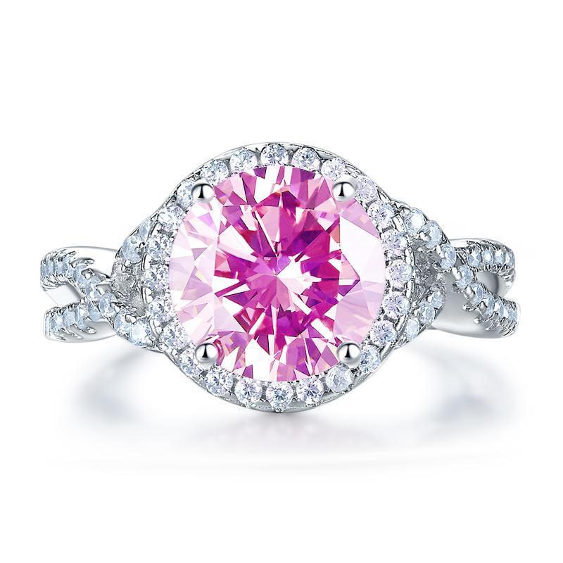 3.00ct Vivid Pink Diamond Engagement Ring, Round Brilliant Cut Twist, 925 Silver