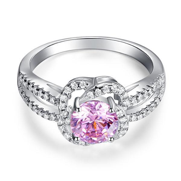 1.00ct Floral Pink Diamond Halo Ring, Round Brilliant Cut Centre Stone, 925 Sterling Silver Engagement ring