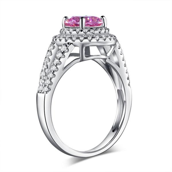 1.25ct Pink Diamond, Double Halo, Round Brilliant Cut Engagement Ring, 925 Sterling Silver