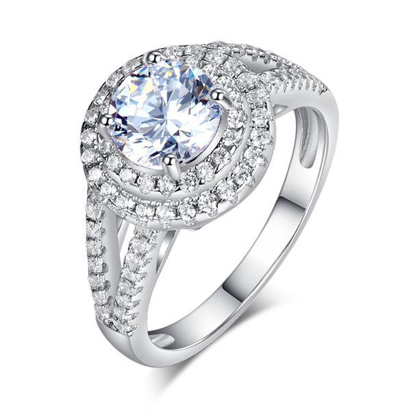 1.25ct Double Halo, Round Brilliant Cut Diamond Engagement Ring, 925 Sterling Silver