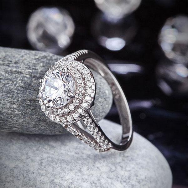 1.25ct Double Halo, Round Brilliant Cut Diamond Engagement Ring, 925 Sterling Silver