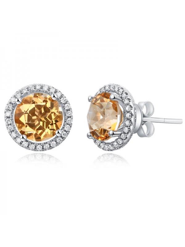 2.50ct each, Round Cut Citrine and Diamond Earrings, 14kt White Gold