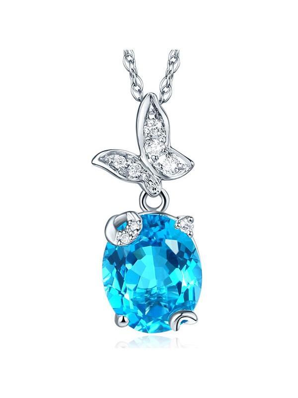 3.00ct Oval Cut Blue Topaz Pendant, Gemstone and Diamond Necklace, 14kt White Gold