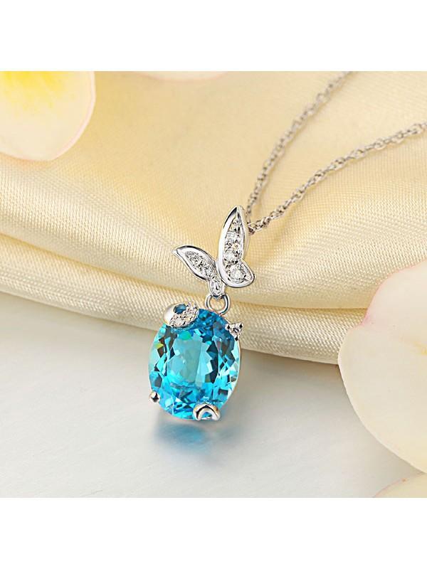 3.00ct Oval Cut Blue Topaz Pendant, Gemstone and Diamond Necklace, 14kt White Gold