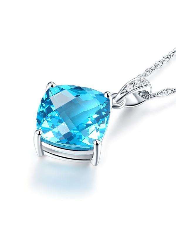 4.00ct Cushion Cut Blue Topaz Pendant, Gemstone and Diamond Necklace, 14kt White Gold
