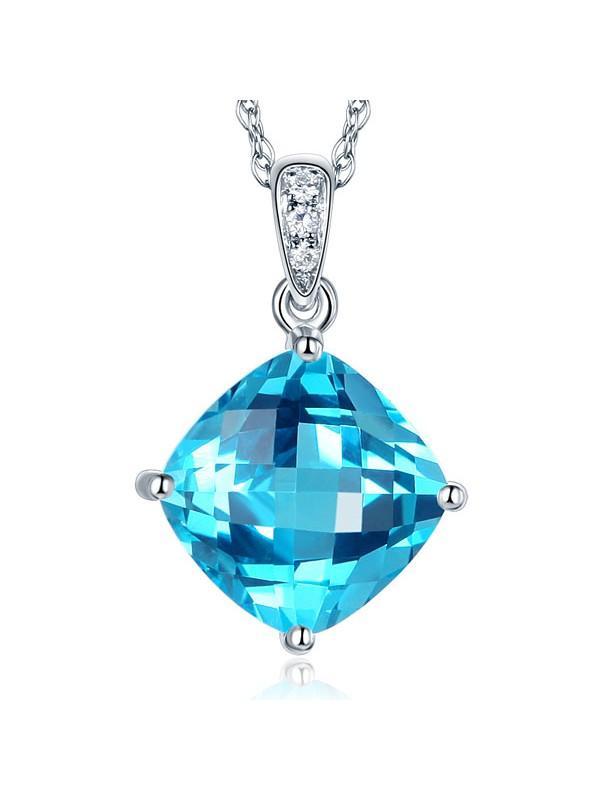 4.00ct Cushion Cut Blue Topaz Pendant, Gemstone and Diamond Necklace, 14kt White Gold