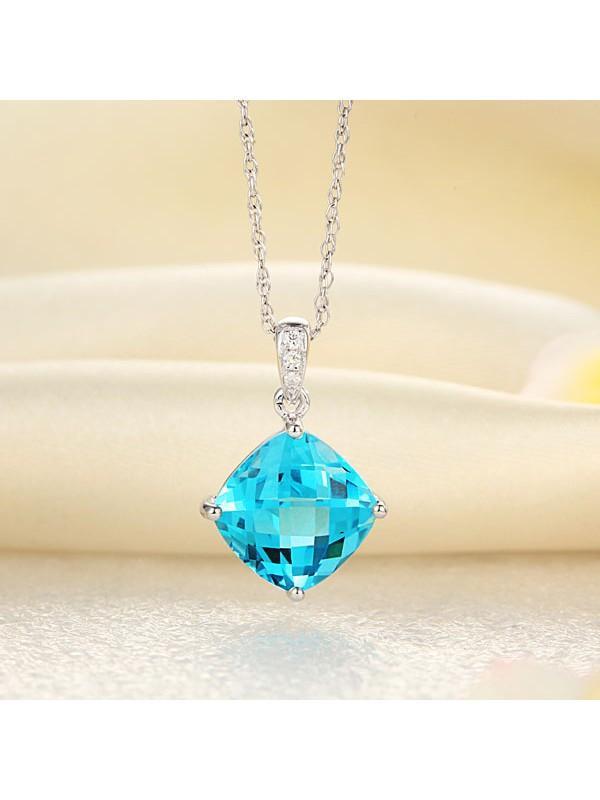 4.00ct Cushion Cut Blue Topaz Pendant, Gemstone and Diamond Necklace, 14kt White Gold