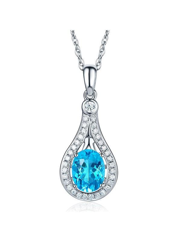 2.50ct Oval Cut Blue Topaz Pendant, Gemstone and Diamond Necklace, 14kt White Gold