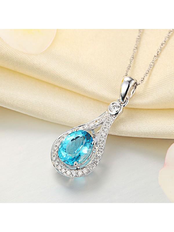 2.50ct Oval Cut Blue Topaz Pendant, Gemstone and Diamond Necklace, 14kt White Gold