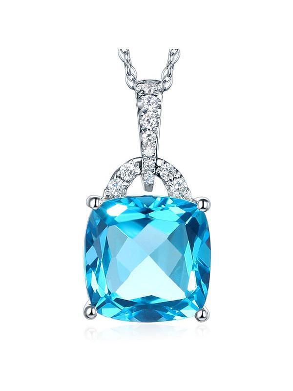 4.00ct Cushion Cut Blue Topaz Pendant, Gemstone and Diamond Necklace, 14kt White Gold