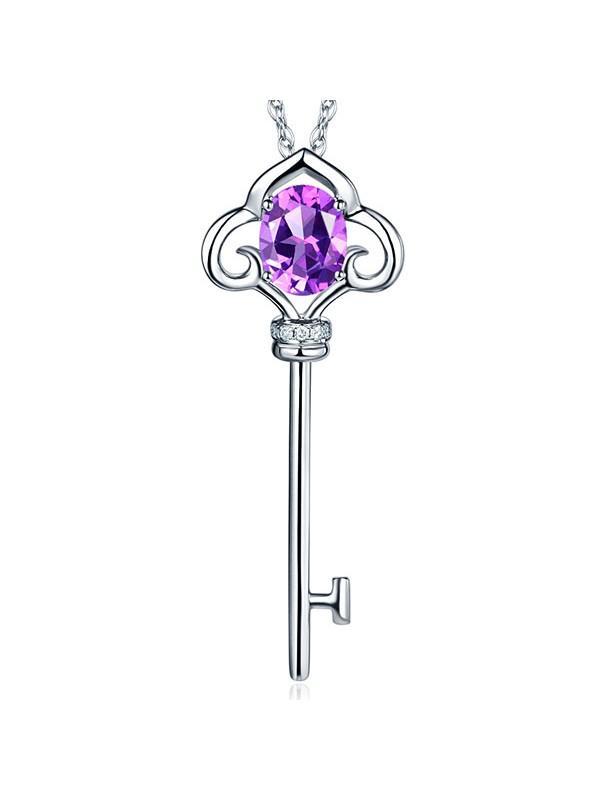 2.50ct Oval Cut Amethyst Key Pendant, Gemstone and Diamond Necklace, 14kt White Gold