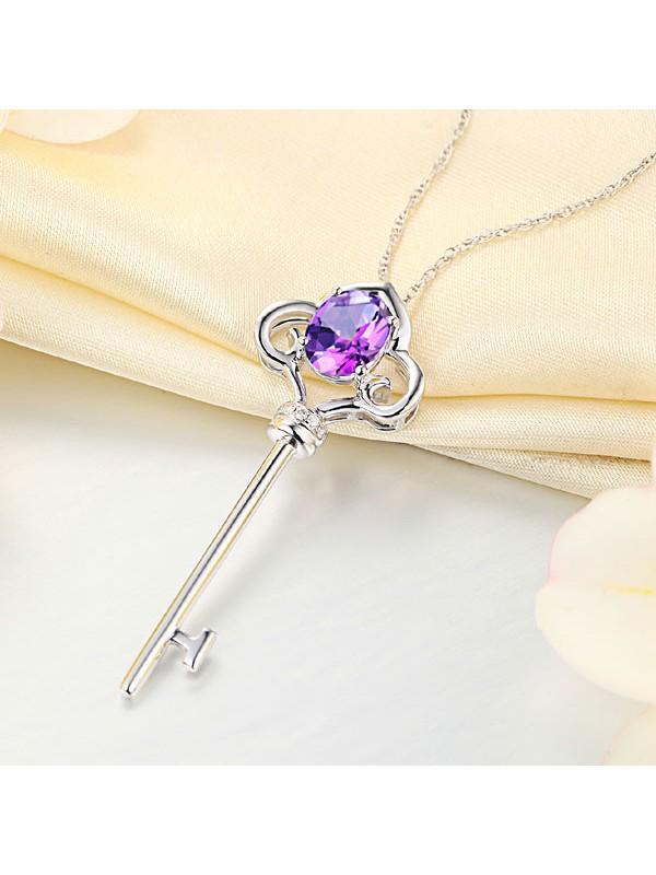 2.50ct Oval Cut Amethyst Key Pendant, Gemstone and Diamond Necklace, 14kt White Gold