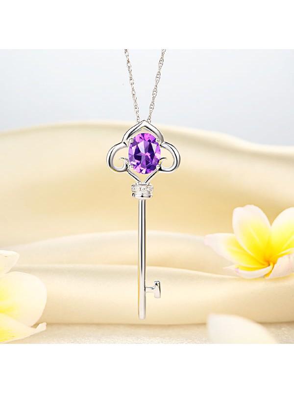 2.50ct Oval Cut Amethyst Key Pendant, Gemstone and Diamond Necklace, 14kt White Gold