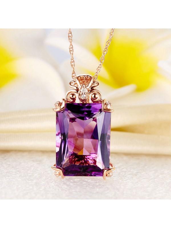 10.50ct Luxury Emerald Cut Amethyst Pendant, Gemstone and Diamond Necklace, 14kt Rose Gold