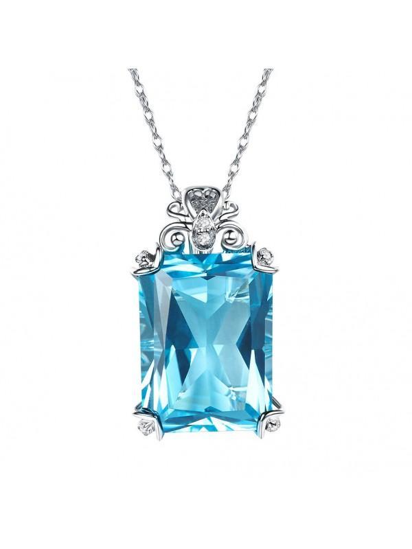 12.75ct Luxury Emerald Cut Blue Topaz Pendant, Gemstone and Diamond Necklace, 14kt White Gold