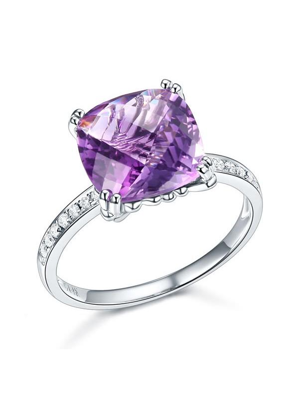 3.50ct Cushion Cut Amethyst Engagement Ring, Available in 14kt or 18kt White, Yellow or Rose Gold