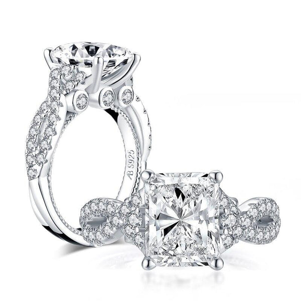 5.00ct Radiant Cut Diamond Engagement Ring, Vintage Twist Shoulders, 925 Silver