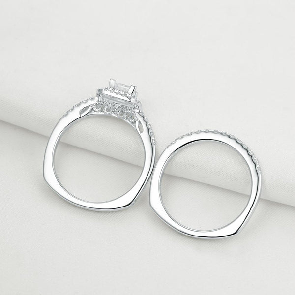 1.00ct Princess Cut Double Halo Diamond Ring Set, 925 Sterling Silver