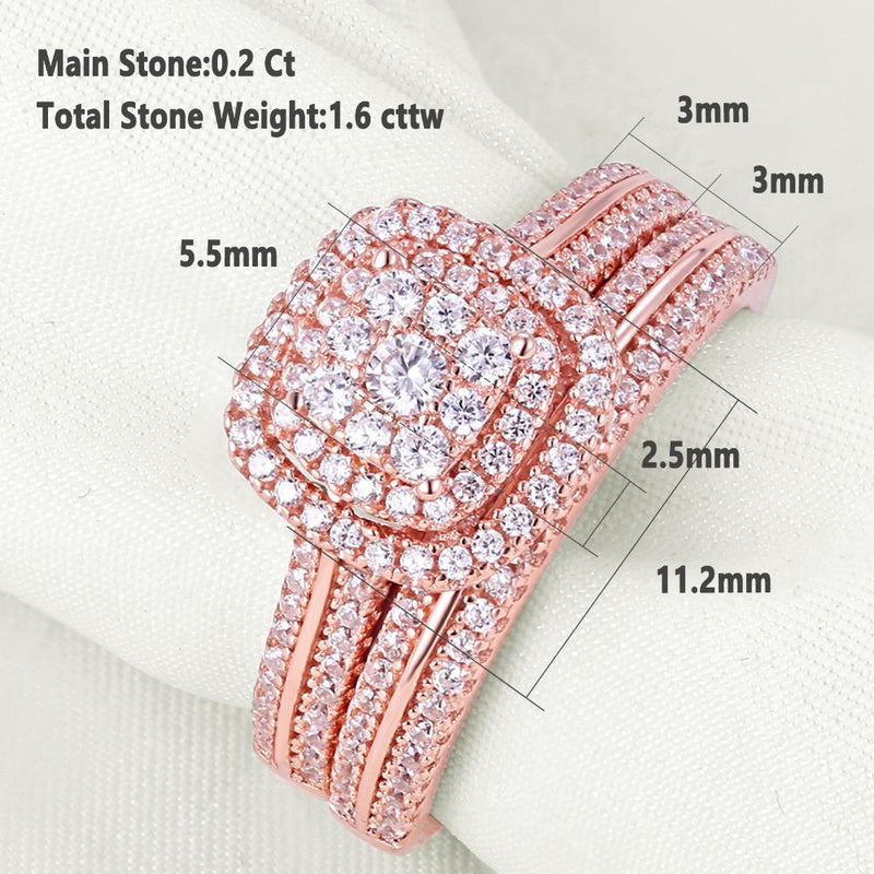 1.60ct Rose Gold Round Cut Diamond Ring Set, 925 Sterling Silver