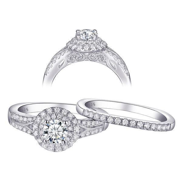 1.25ct Round Cut Double Halo Diamond Ring Set, Bridal Rings, 925 Sterling Silver