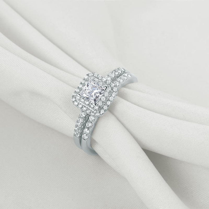 1.00ct Princess Cut Double Halo Diamond Ring Set, 925 Sterling Silver