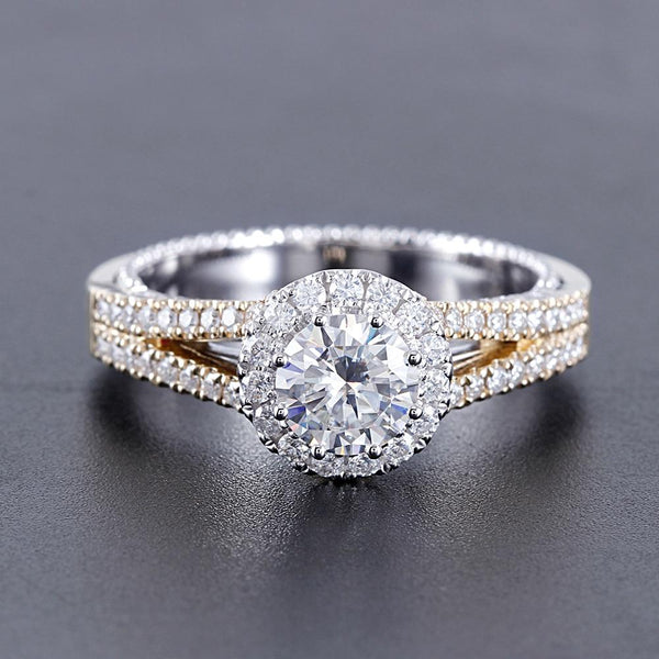 1.00ct Round Cut Moissanite, Vintage Design Engagement Ring, 14Kt 585 White & Yellow Gold