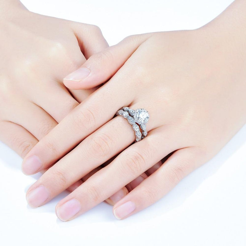 2.60ct Vintage Round Cut Halo Diamond Ring, Bridal Ring Set, 925 Sterling Silver