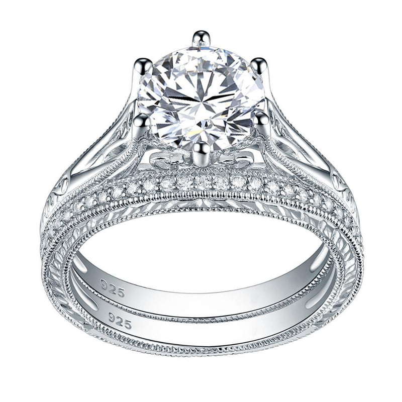 2.50ct Vintage Round Cut Diamond Ring Set, 925 Sterling Silver