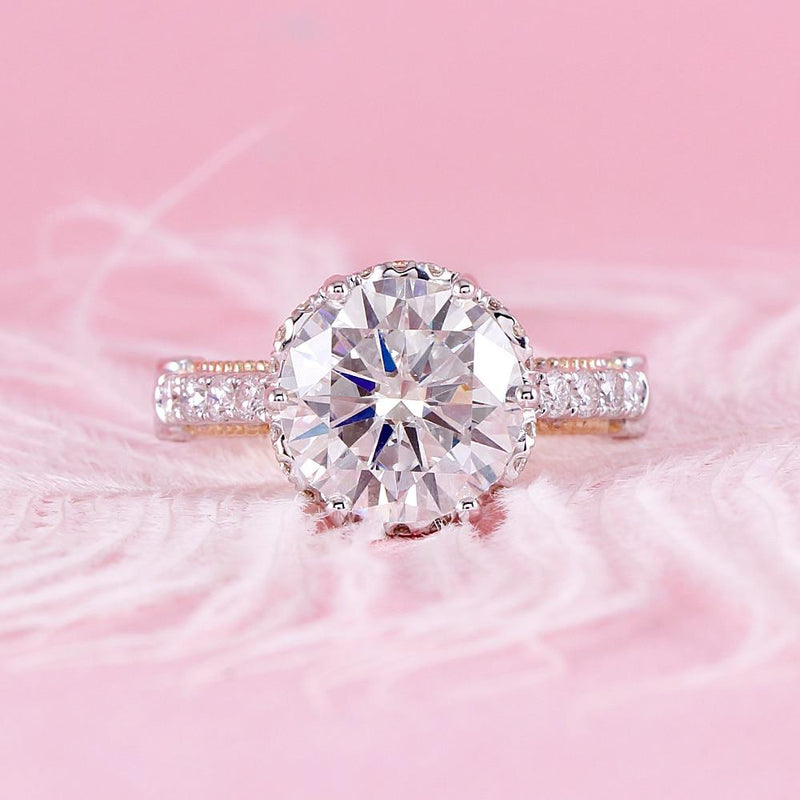 4.00ct Round Cut Moissanite Engagement Ring, Vintage Design, 14Kt 585 White & Yellow Gold