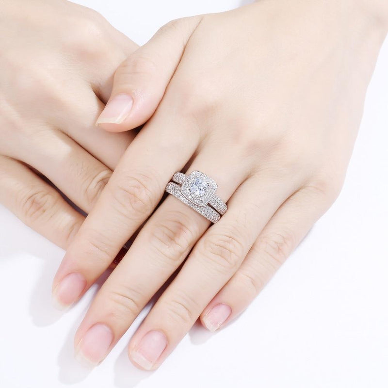 2.25ct Princess Cut, Diamond Halo Diamond Ring, Bridal Ring Set, 925 Sterling Silver