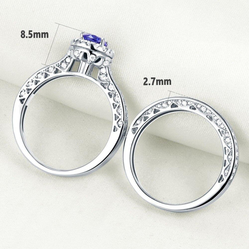1.75ct Vintage Round Cut Halo Blue Sapphire Ring, Bridal Ring Set, 925 Sterling Silver