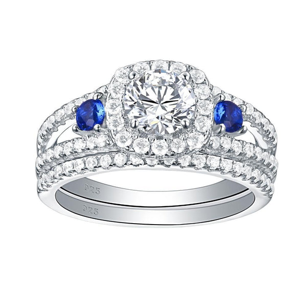1.50ct Round Cut 3 Stone Diamond & Sapphire Ring Set, Bridal Rings, 925 Sterling Silver
