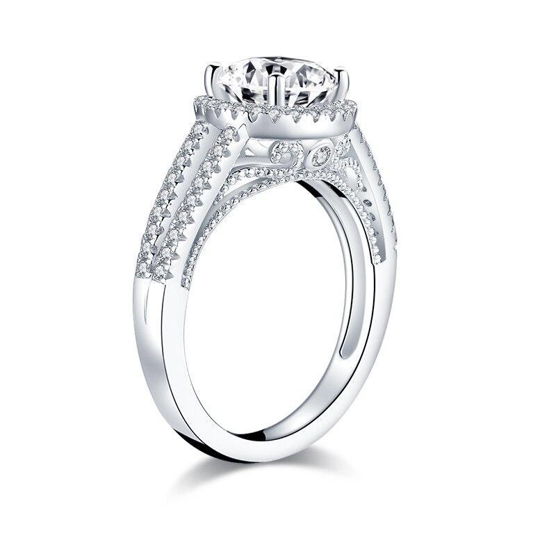 2.00ct Round Cut Diamond Halo Engagement Ring, 925 Silver