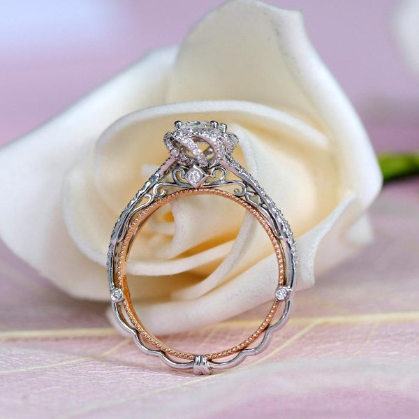 0.60ct Oval Cut Moissanite, Vintage Halo Engagement Ring, Available in White Gold or Platinum with Rose Gold Detailing