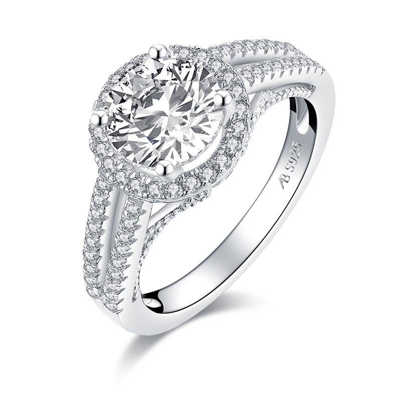 2.00ct Round Cut Diamond Halo Engagement Ring, 925 Silver