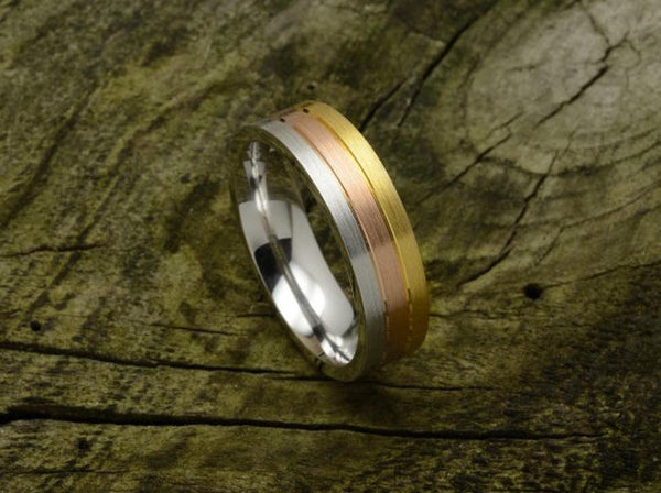 Flat Court Shaped Tri Colour Wedding Band, Brushed Finish, Choose Your Metal & Width